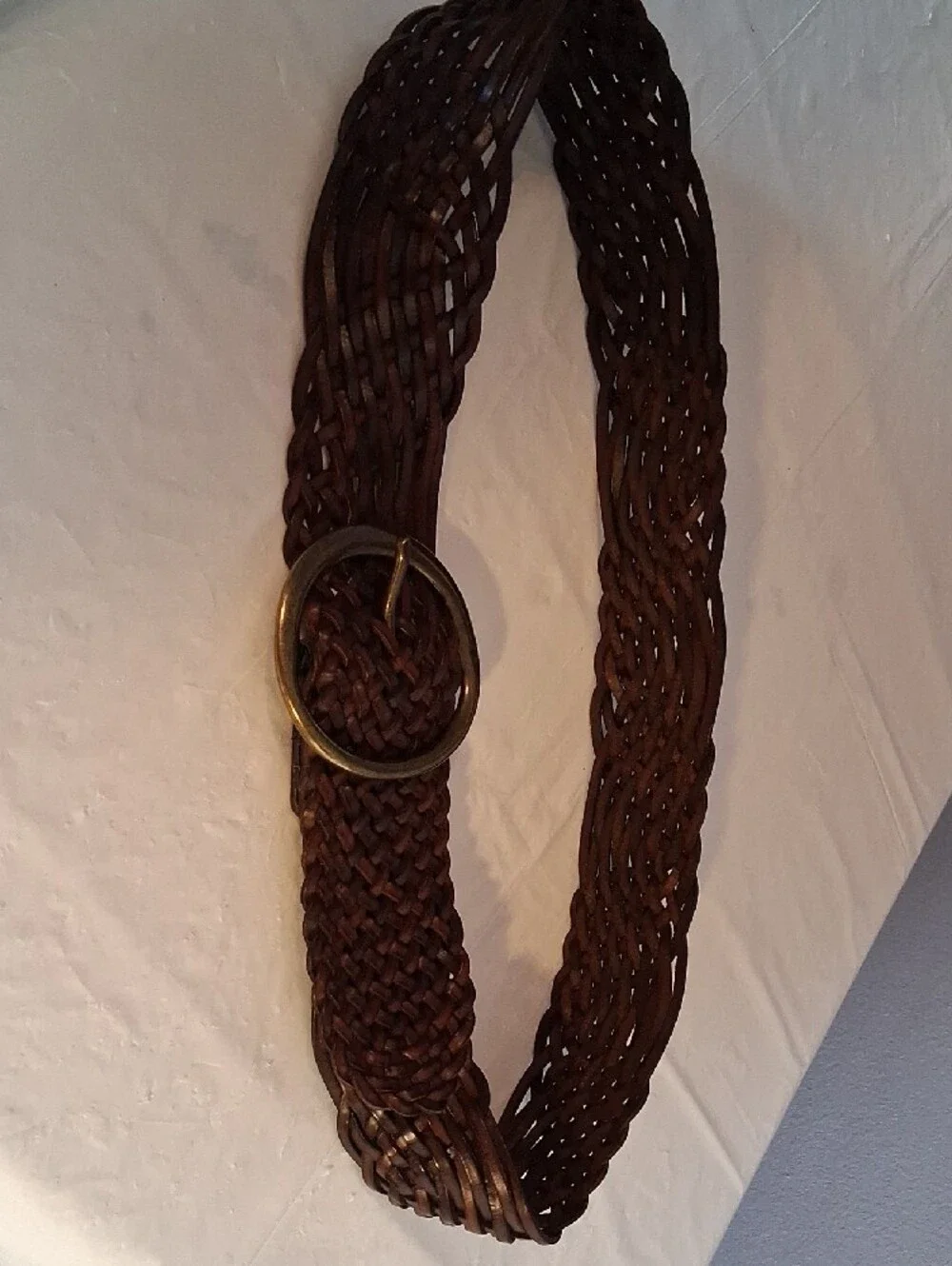 Fossil Woven Brown Leather Belt with Brass Ring Buckle